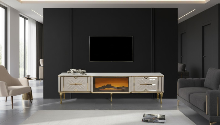 Buffet de salon blanc + cheminée dorée luxueux + meuble TV bas exclusif