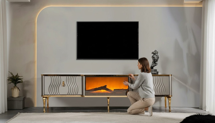 Buffet TV blanc en aggloméré MDF doré + meuble TV en métal pour salon