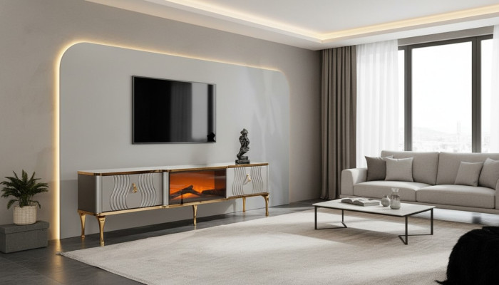 Buffet TV blanc en aggloméré MDF doré + meuble TV en métal pour salon