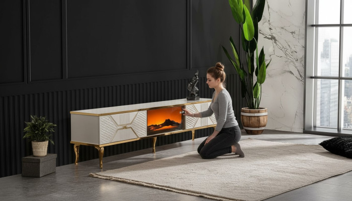 Buffet TV luxueux cadre blanc feuille d'or en MDF Métal Blanc
