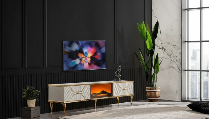 Buffet TV luxueux cadre blanc feuille d'or en MDF Métal Blanc
