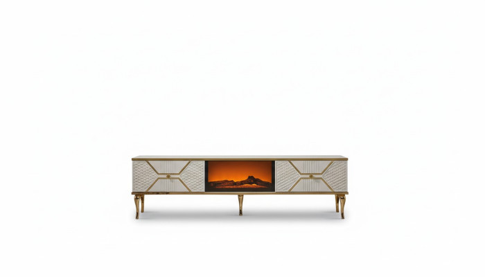 Buffet TV luxueux cadre blanc feuille d'or en MDF Métal Blanc