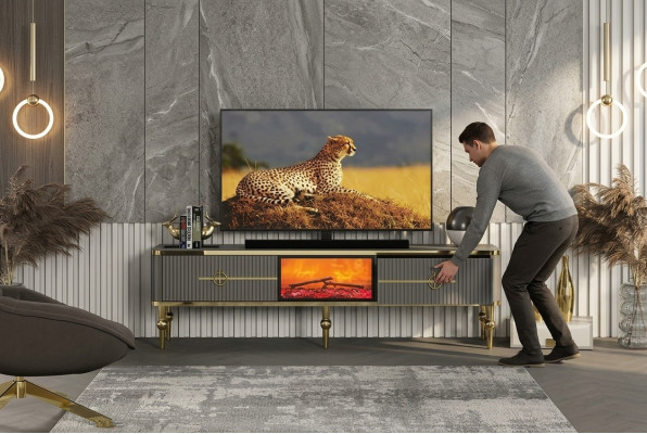 Salle de séjour Meuble bas TV Gris Cheminée Meuble TV Buffet Métal + MDF Exclusif