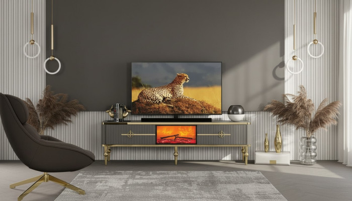 Salle de séjour Meuble bas TV Gris Cheminée Meuble TV Buffet Métal + MDF Exclusif