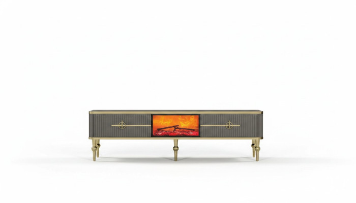 Salle de séjour Meuble bas TV Gris Cheminée Meuble TV Buffet Métal + MDF Exclusif