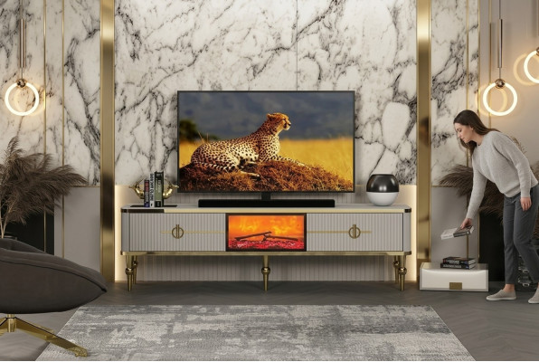 Salle de séjour TV Meuble bas matériaux de haute qualité MDF Métal Blanc + or