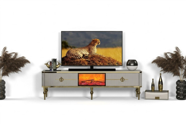 Salle de séjour TV Meuble bas matériaux de haute qualité MDF Métal Blanc + or