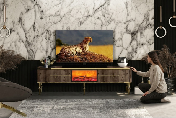 Meuble TV Salon Luxueux en MDF brun foncé + métal doré neuf