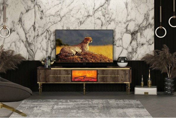 Meuble TV Salon Luxueux en MDF brun foncé + métal doré neuf