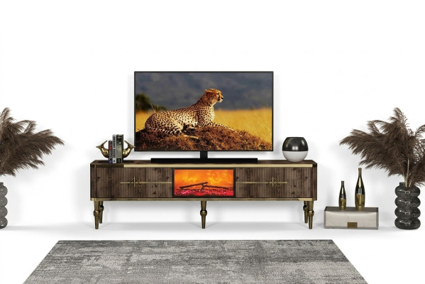 Meuble TV Salon Luxueux en MDF brun foncé + métal doré neuf