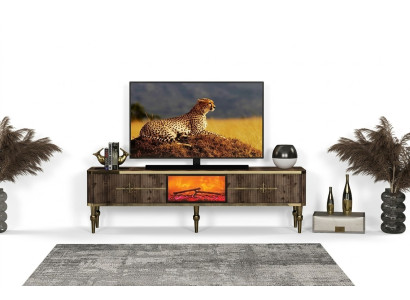 Meuble TV Salon Luxueux en MDF brun foncé + métal doré neuf