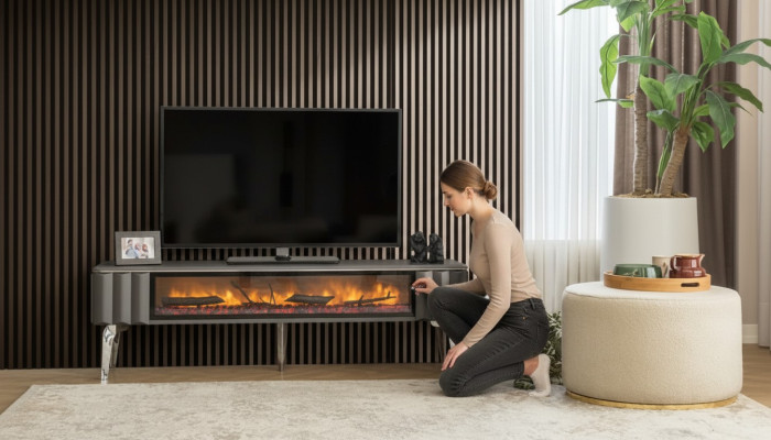 Meuble TV de qualité supérieure avec cheminée MDF métal de couleur grise pour le salon.