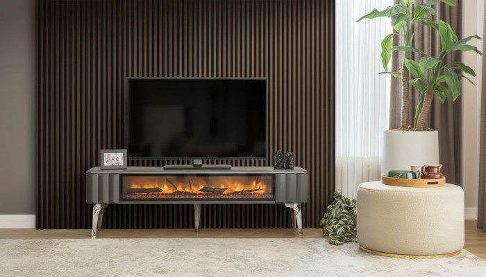 Meuble TV de qualité supérieure avec cheminée MDF métal de couleur grise pour le salon.