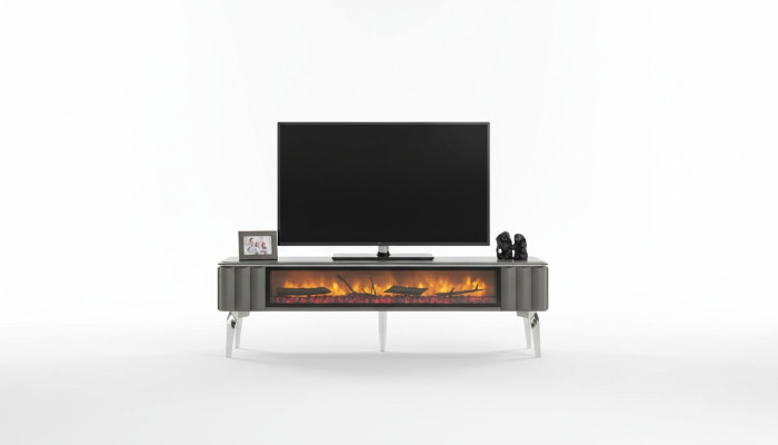Meuble TV de qualité supérieure avec cheminée MDF métal de couleur grise pour le salon.