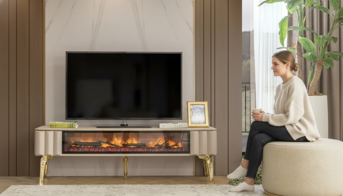 Buffet TV armoire Salon meubles de luxe cheminée beige MDF métal bahut