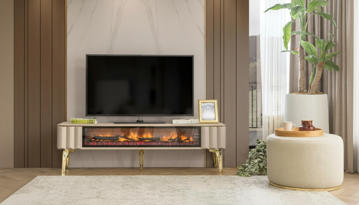 Buffet TV armoire Salon meubles de luxe cheminée beige MDF métal bahut