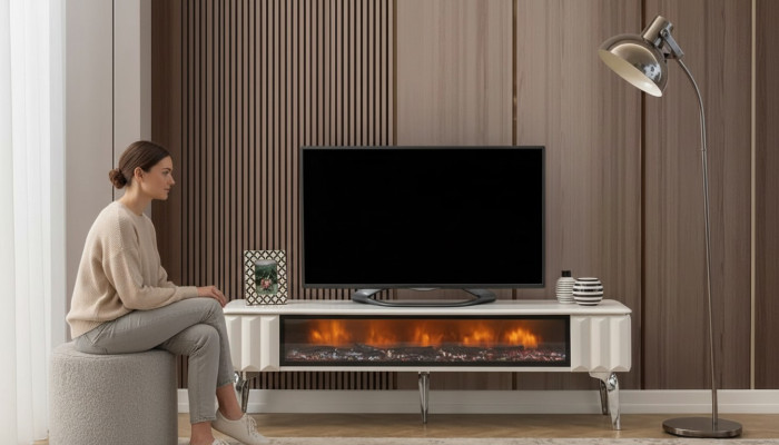 Meuble TV bas en aggloméré blanc métal - meuble de luxe pour salon avec cheminée, neuf