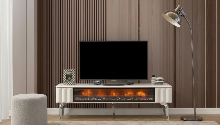Meuble TV bas en aggloméré blanc métal - meuble de luxe pour salon avec cheminée, neuf