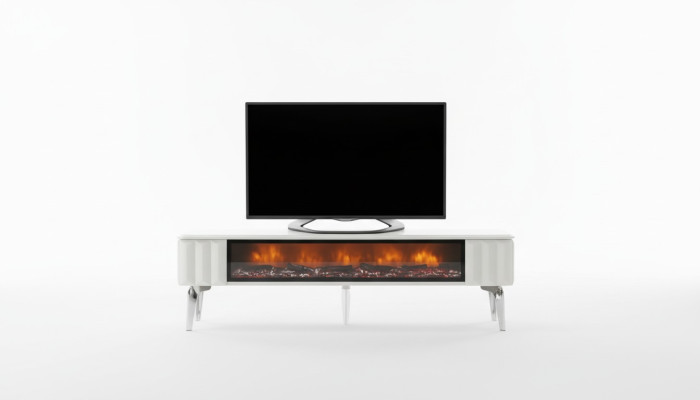 Meuble TV bas en aggloméré blanc métal - meuble de luxe pour salon avec cheminée, neuf