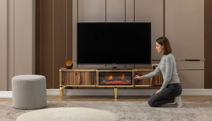Cheminée de luxe, table TV de mantelpièce, meuble bas de salon en bois brun, bahut.
