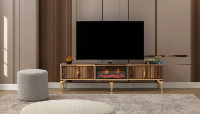 Cheminée de luxe, table TV de mantelpièce, meuble bas de salon en bois brun, bahut.