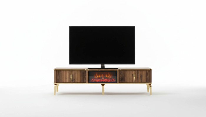 Cheminée de luxe, table TV de mantelpièce, meuble bas de salon en bois brun, bahut.