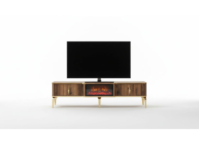 Cheminée de luxe, table TV de mantelpièce, meuble bas de salon en bois brun, bahut.