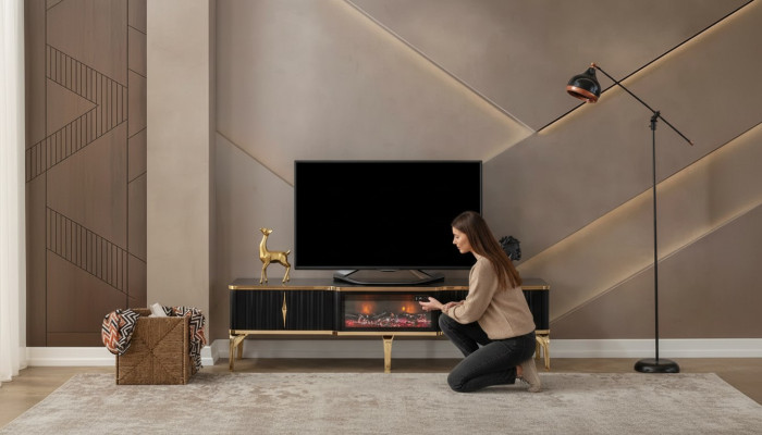 Meuble TV bas noir de luxe neuf MDF métal pour salon