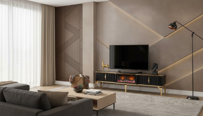 Meuble TV bas noir de luxe neuf MDF métal pour salon