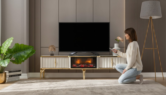 Salle de séjour Meuble TV bas Blanc + or Buffet en MDF Cabinet TV en métal luxe neuf