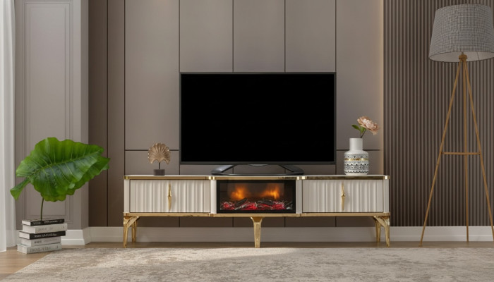 Salle de séjour Meuble TV bas Blanc + or Buffet en MDF Cabinet TV en métal luxe neuf