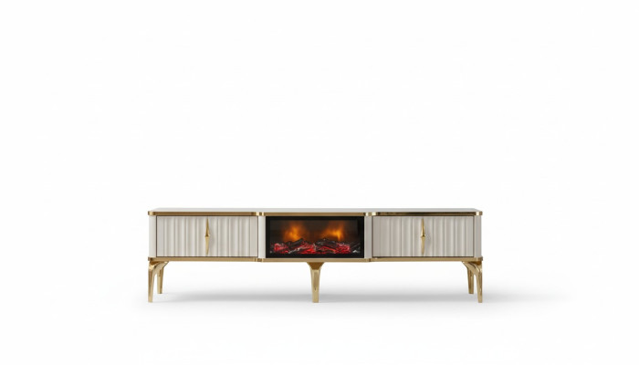 Salle de séjour Meuble TV bas Blanc + or Buffet en MDF Cabinet TV en métal luxe neuf
