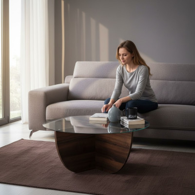 Table basse minimaliste en verre bois, de style moderne avec pieds en X.