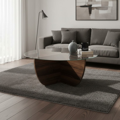 Table basse minimaliste en verre bois, de style moderne avec pieds en X.