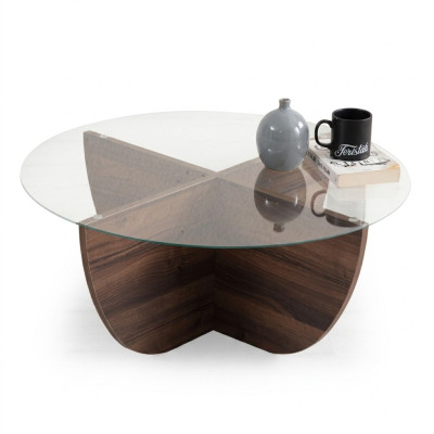 Table basse minimaliste en verre bois, de style moderne avec pieds en X.