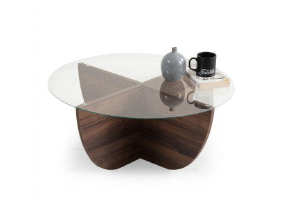 Table basse minimaliste en verre bois, de style moderne avec pieds en X.