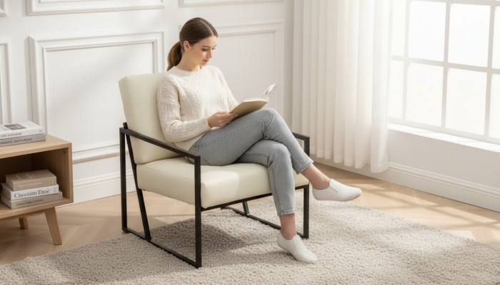 fauteuil exclusif pour salon au style moderne en tissu beige avec pieds en métal