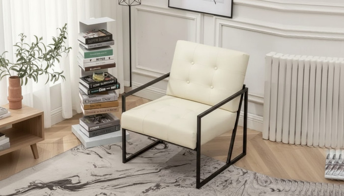 fauteuil exclusif pour salon au style moderne en tissu beige avec pieds en métal