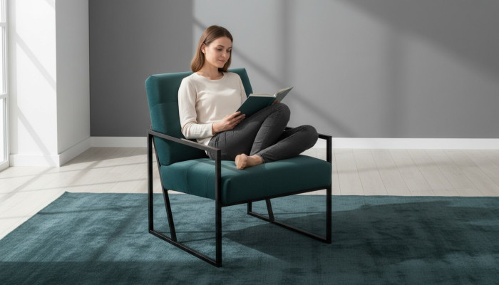 Fauteuil vert foncé en tissu de salon + pieds en métal mobilier de luxe neuf