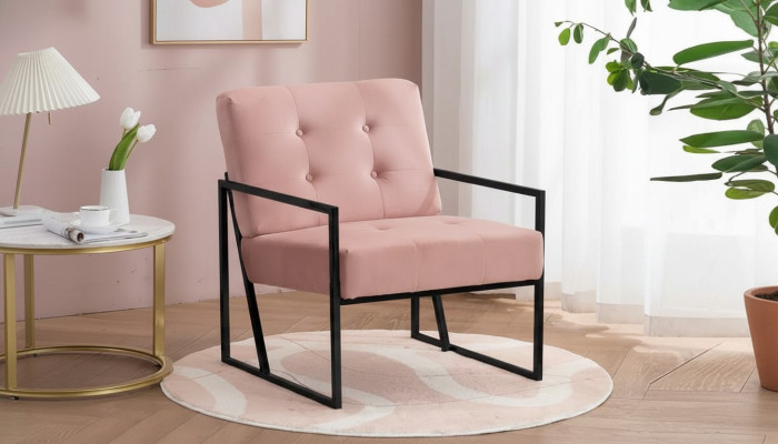 Fauteuil confortable 1 place en tissu rose pour le salon avec pieds en métal.