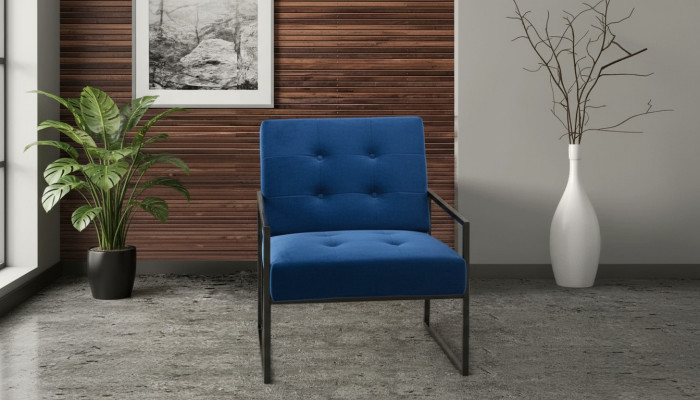 Fauteuil 1 place Bleu en tissu cadre en bois pieds en métal luxueux