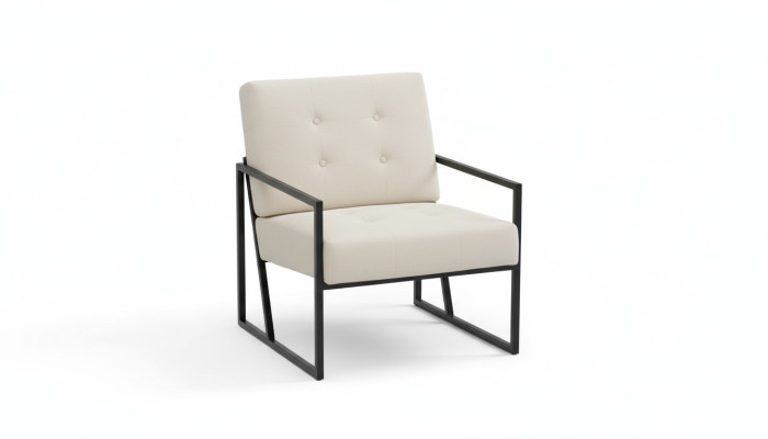 Fauteuil beige en textile, 1 place, pieds en métal pour salon ou salle à manger.