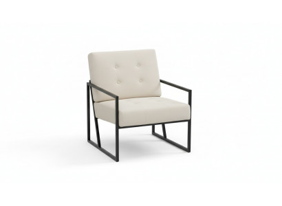 Fauteuil beige en textile, 1 place, pieds en métal pour salon ou salle à manger.