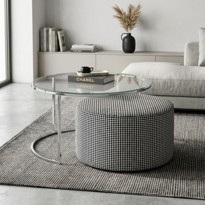 Ensemble de salon Table basse en verre et métal + tabouret rembourré