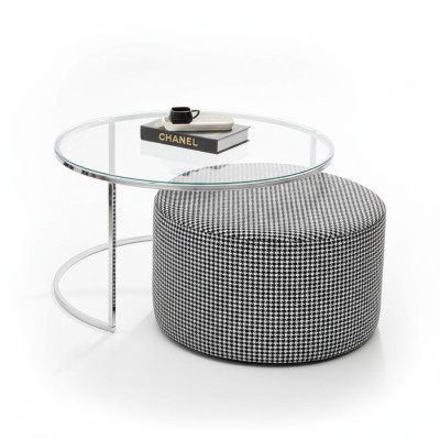 Ensemble de salon Table basse en verre et métal + tabouret rembourré