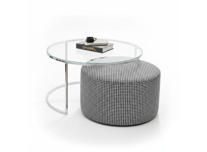 Ensemble de salon Table basse en verre et métal + tabouret rembourré