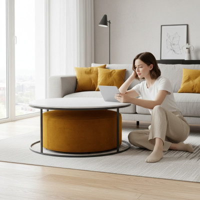Table basse en MDF blanc + tabouret orange, nouveaux pieds en métal de luxe