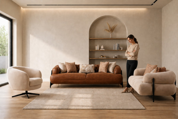 Salon en tissu taupe et blanc cassé, sofas trois places exclusifs, fauteuil.