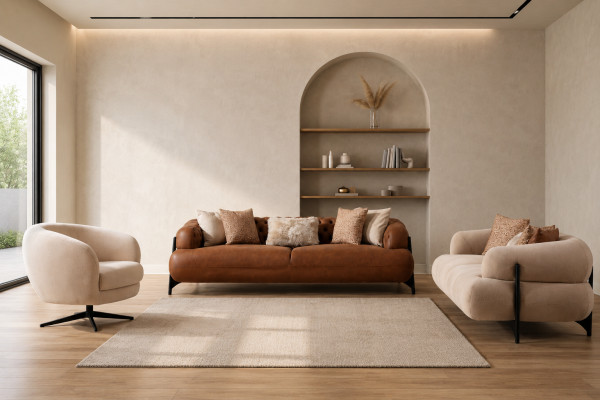 Salon en tissu taupe et blanc cassé, sofas trois places exclusifs, fauteuil.