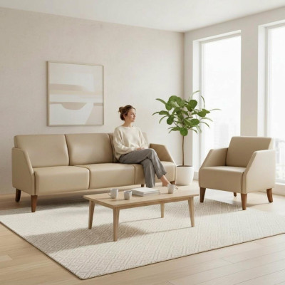 Ensemble de canapé et fauteuil exclusif 2 pièces en cuir beige pour salon designer 3 places.